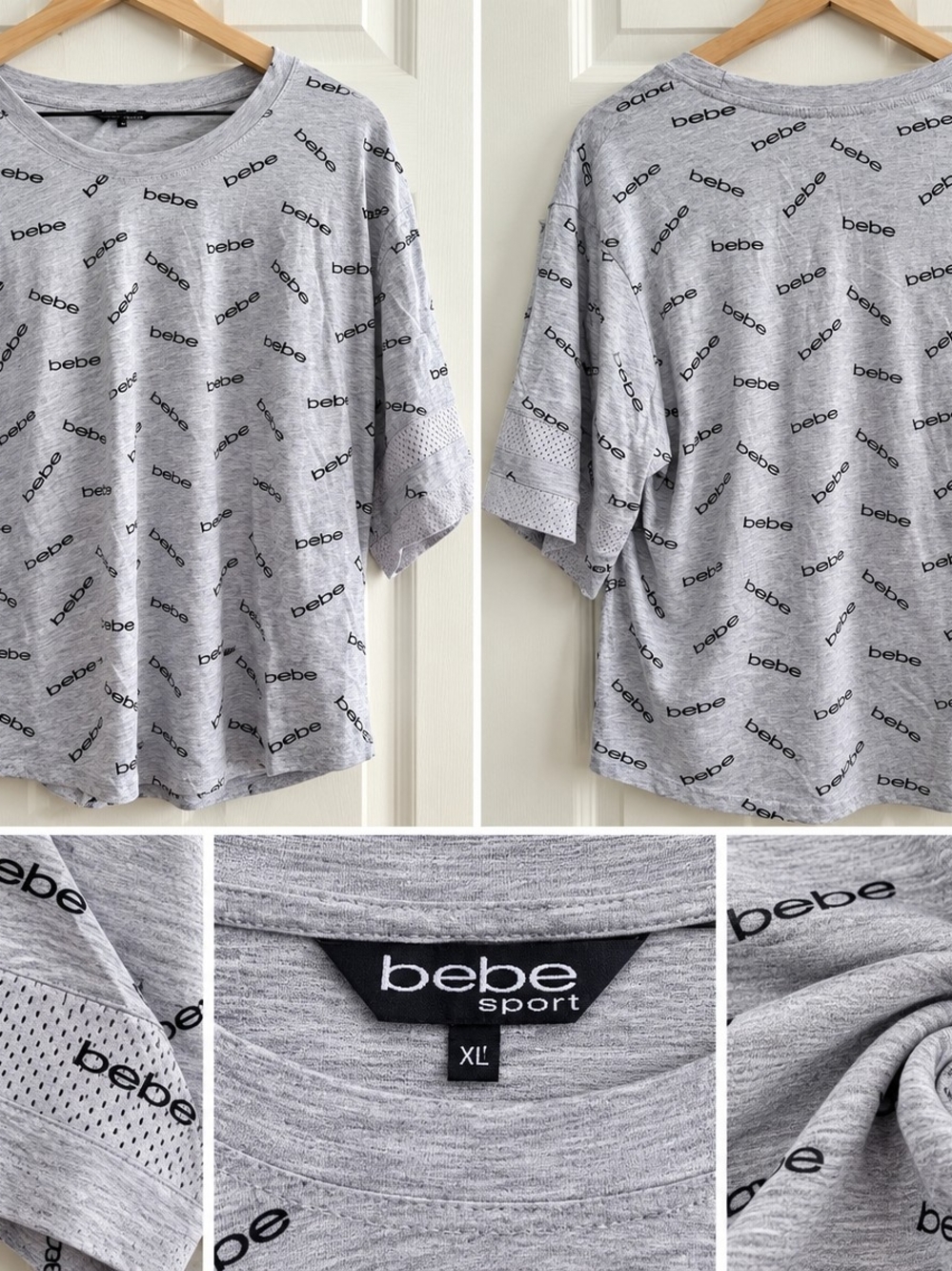 bebe Sport Heather Gray All-Over Logo Short Sleeve Tee